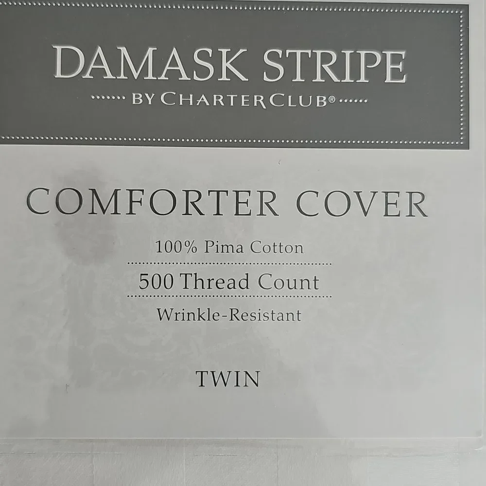 NWT Damask Stripe By Charter Club Comforter Cover, White, Size Twin